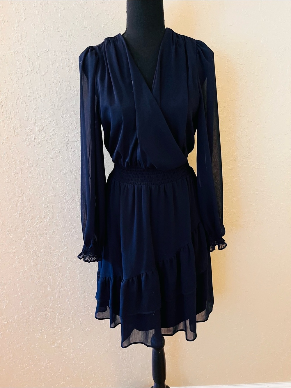 DKNY Navy Long-Sleeve Surplice Tiered Dress